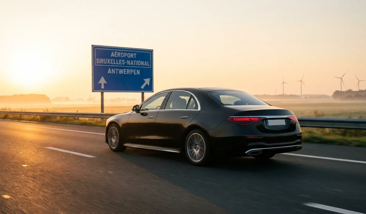 Berline premium en route vers l'aéroport de Zaventem sur autoroute belge au lever du soleil