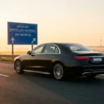 Berline premium en route vers l'aéroport de Zaventem sur autoroute belge au lever du soleil