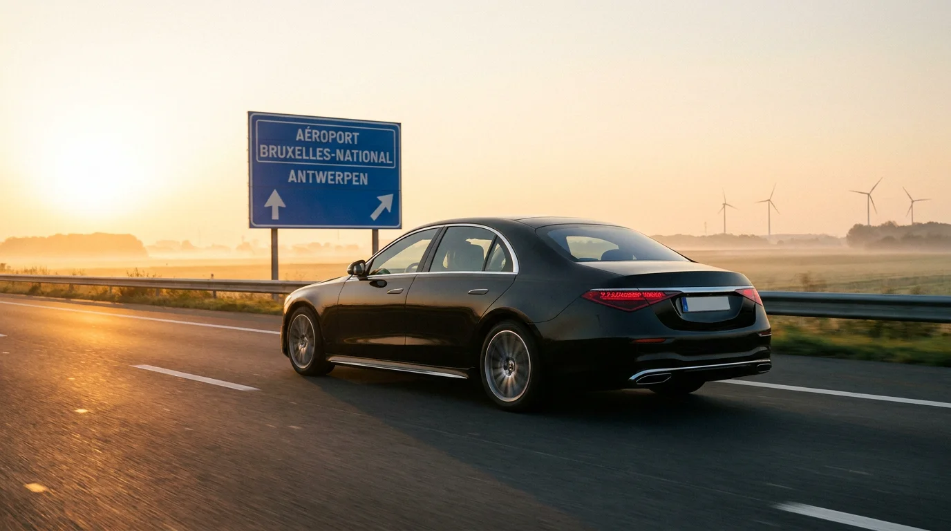 Berline premium en route vers l'aéroport de Zaventem sur autoroute belge au lever du soleil