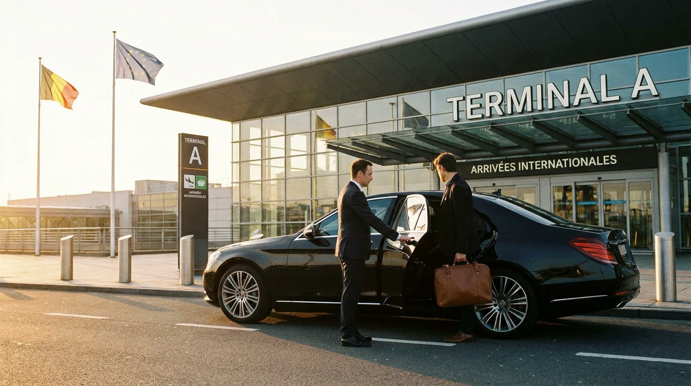 Berline premium devant le terminal de Brussels Airport pour un transfert taxi vers Zaventem