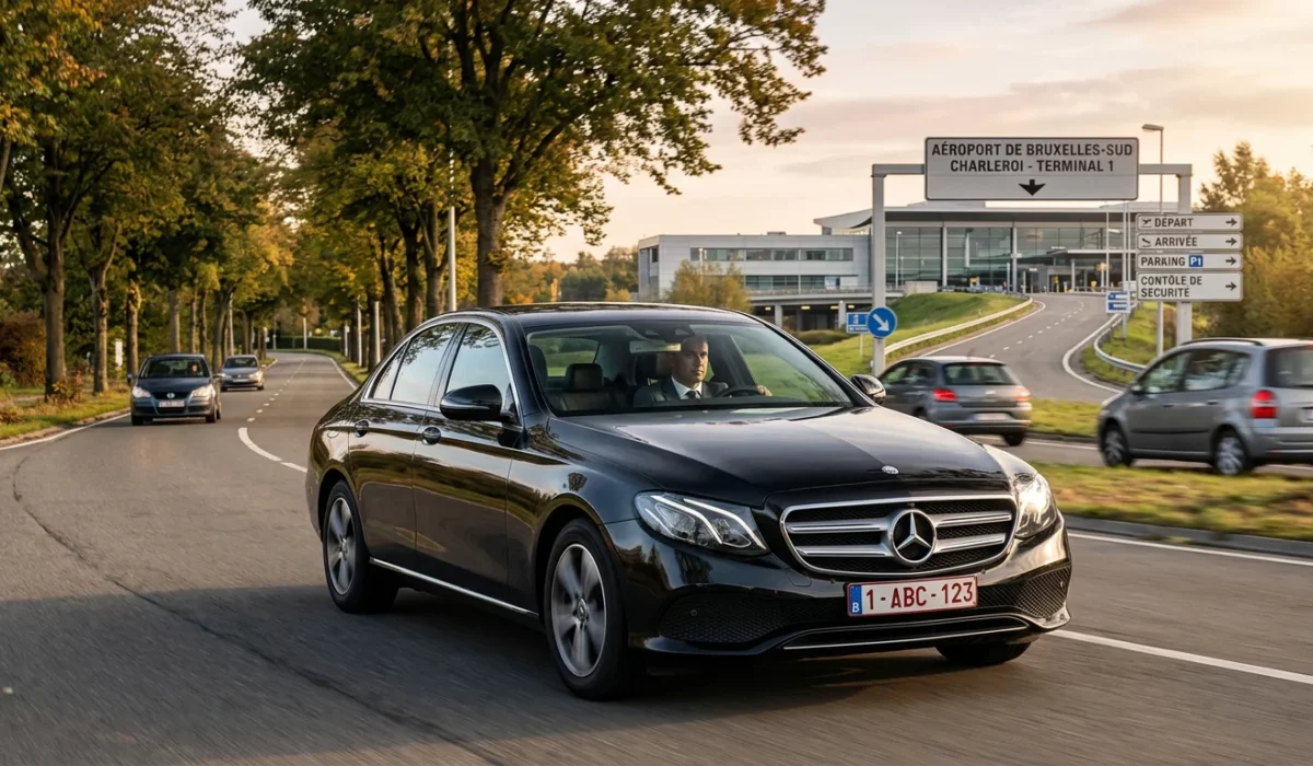 Berline noire avec chauffeur sur une route du Brabant wallon vers l'aéroport