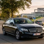 Berline noire avec chauffeur sur une route du Brabant wallon vers l'aéroport