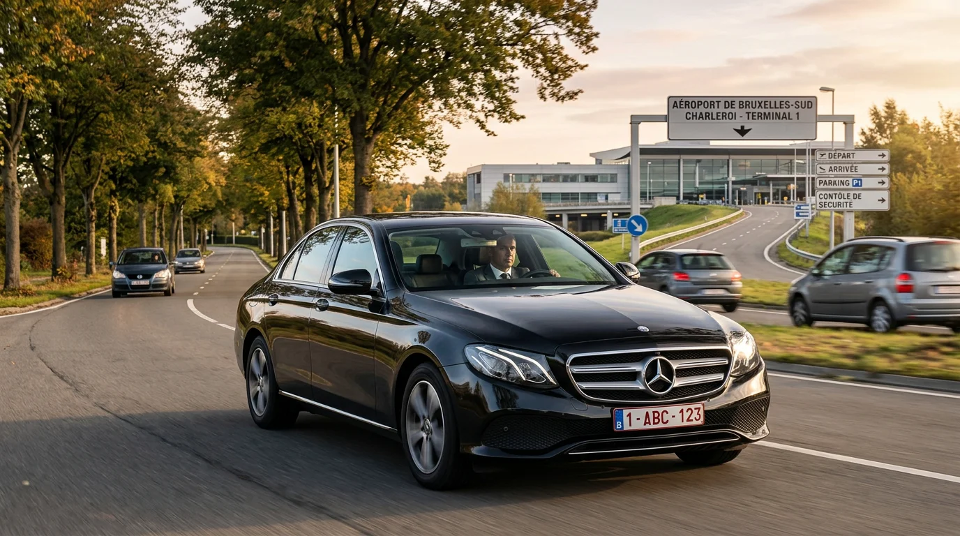 Berline noire avec chauffeur sur une route du Brabant wallon vers l'aéroport