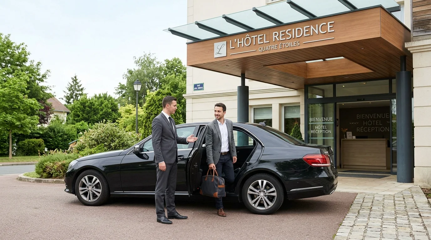 Chauffeur professionnel accueillant un voyageur devant un hôtel à Wavre