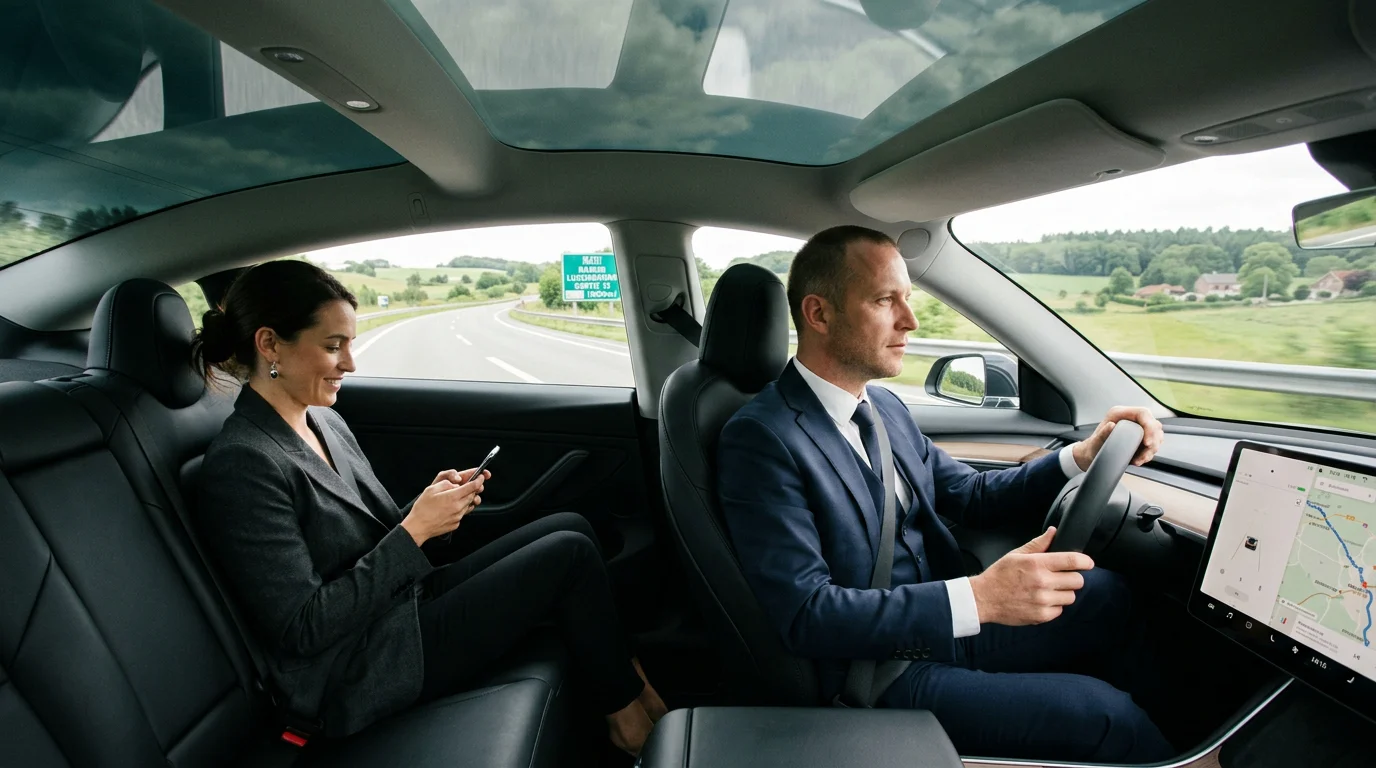 Passager d'affaires à bord d'un véhicule premium noir avec chauffeur en Belgique