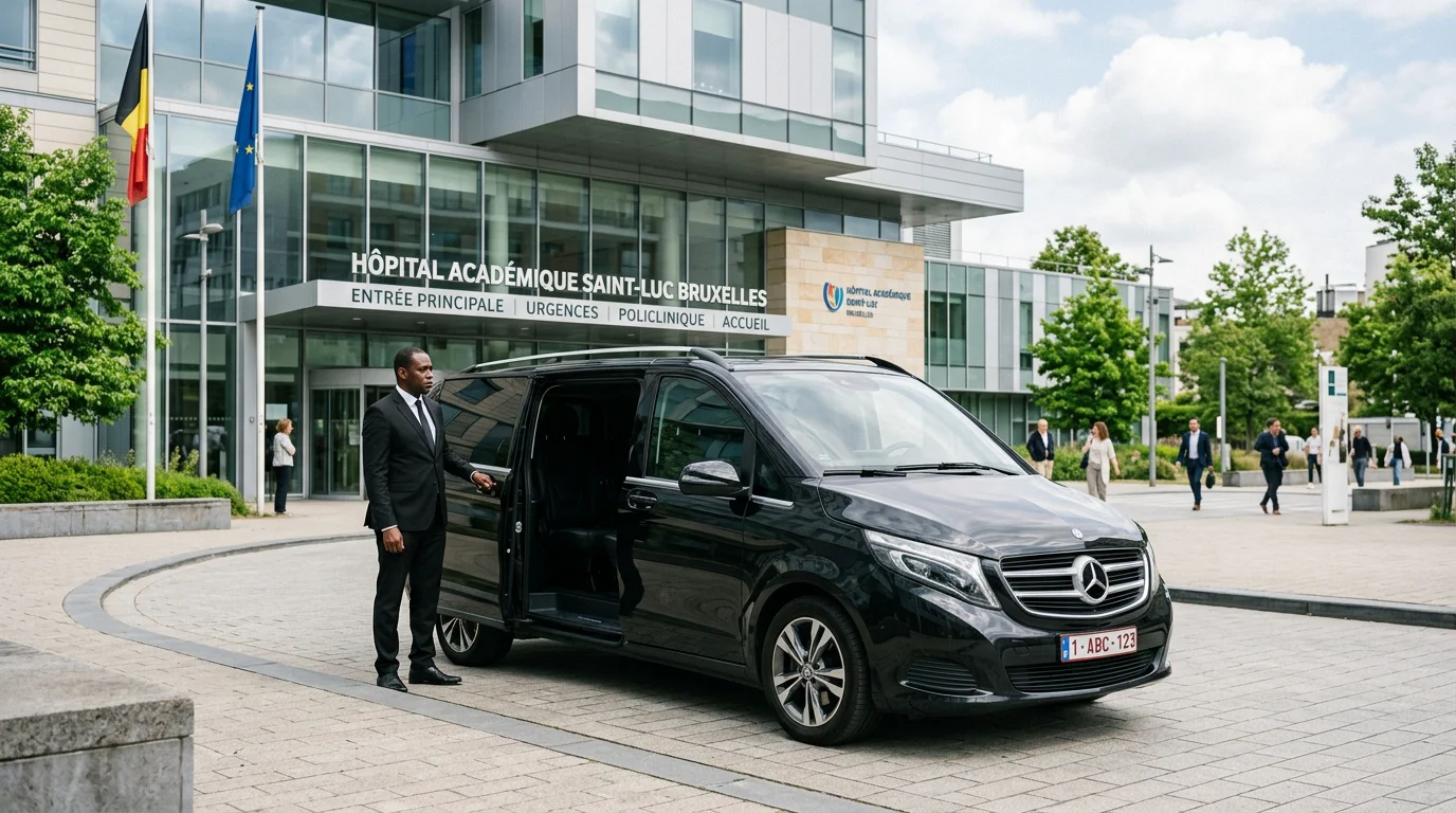 Van noir avec chauffeur professionnel devant un grand hôpital à Bruxelles