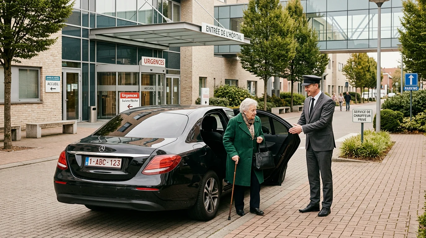 Chauffeur professionnel ouvrant la portière d'une berline noire devant l'entrée d'un hôpital