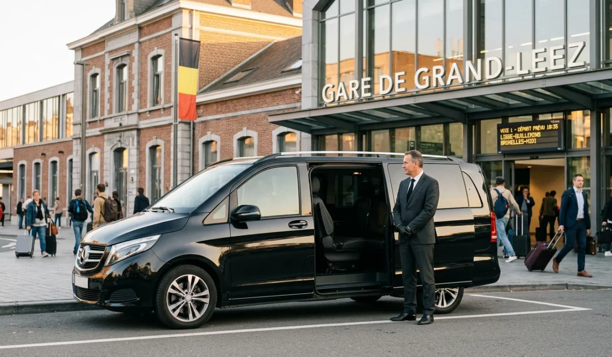 Mercedes Classe V noire avec chauffeur professionnel devant une gare