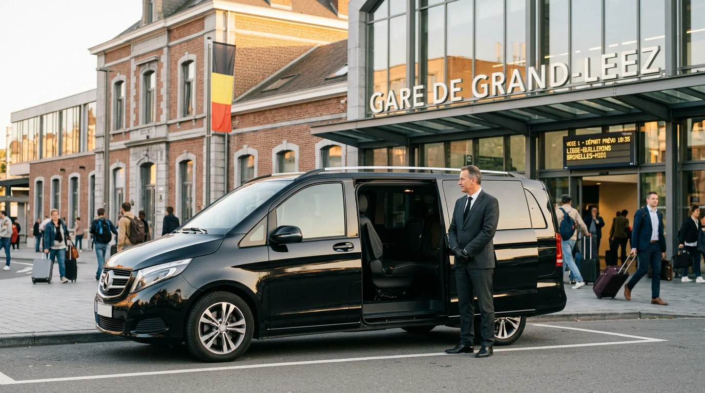 Mercedes Classe V noire avec chauffeur professionnel devant une gare
