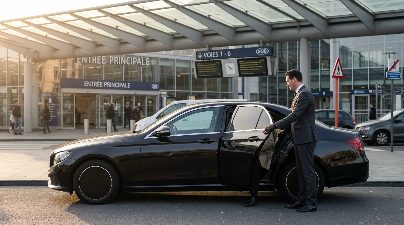 Chauffeur professionnel ouvrant la portière d'une Mercedes Classe E noire devant une gare