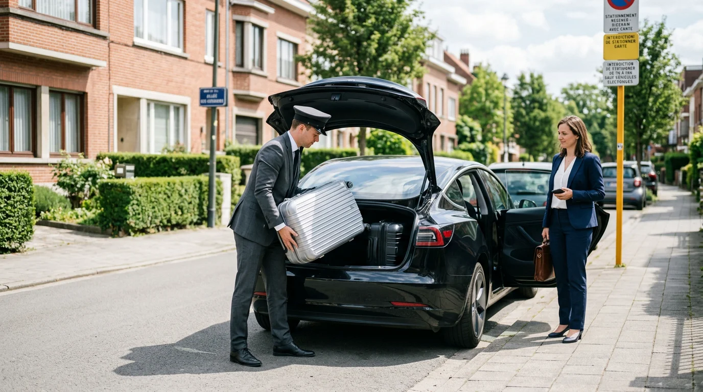 Chauffeur chargeant des valises dans une Tesla Model Y noire pour un transfert vers la gare