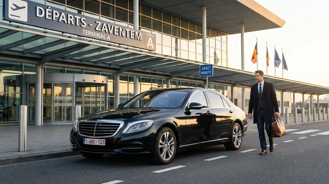 Berline premium attendant un passager devant un terminal d'aéroport en Belgique