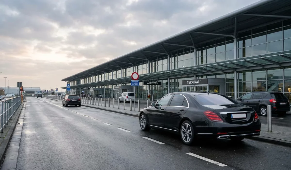 Berline de transfert aéroport devant un terminal moderne en Belgique