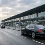 Berline de transfert aéroport devant un terminal moderne en Belgique