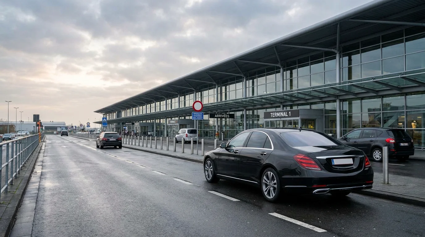 Berline de transfert aéroport devant un terminal moderne en Belgique