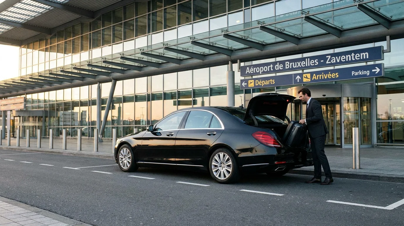 Berline premium stationnée devant un terminal d'aéroport en Belgique pour un transfert professionnel