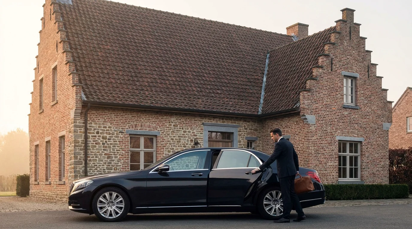 Chauffeur de taxi accueillant un passager devant une maison du Brabant wallon à l'aube