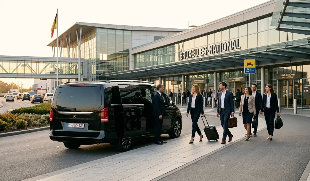 Minibus premium noir stationné devant un terminal d'aéroport avec un groupe de voyageurs