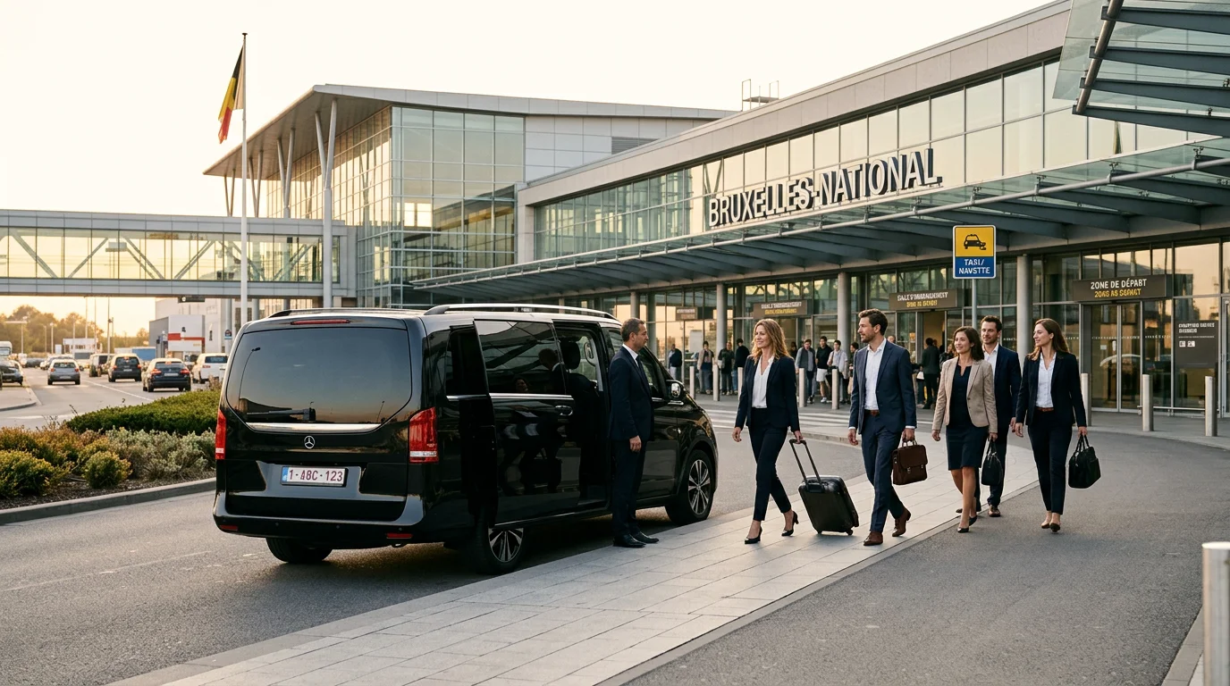 Minibus premium noir stationné devant un terminal d'aéroport avec un groupe de voyageurs