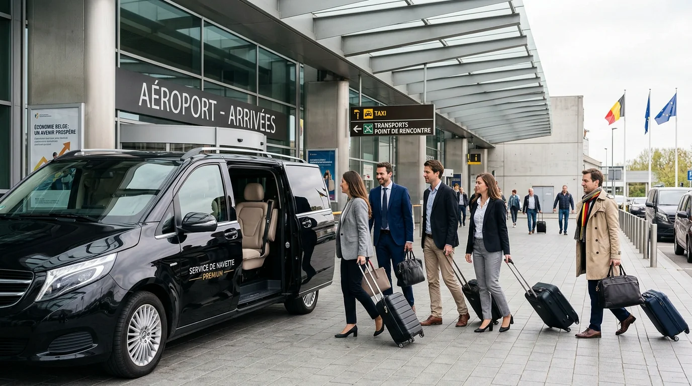 Groupe de voyageurs montant à bord d'un minibus premium devant un terminal d'aéroport