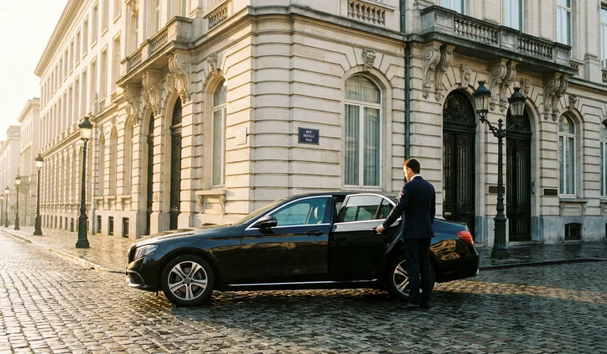 Berline noire premium avec chauffeur professionnel devant un bâtiment historique de Bruxelles