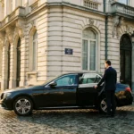 Berline noire premium avec chauffeur professionnel devant un bâtiment historique de Bruxelles