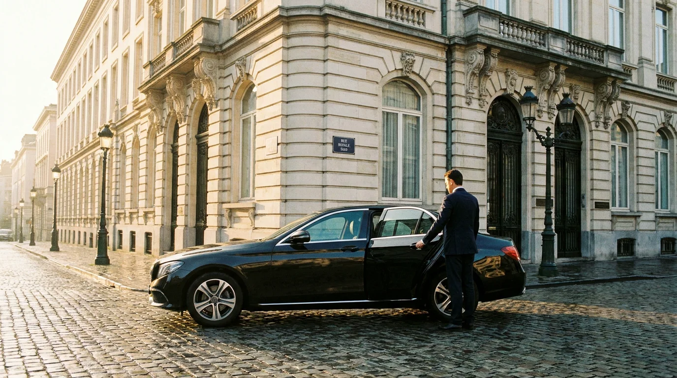 Berline noire premium avec chauffeur professionnel devant un bâtiment historique de Bruxelles