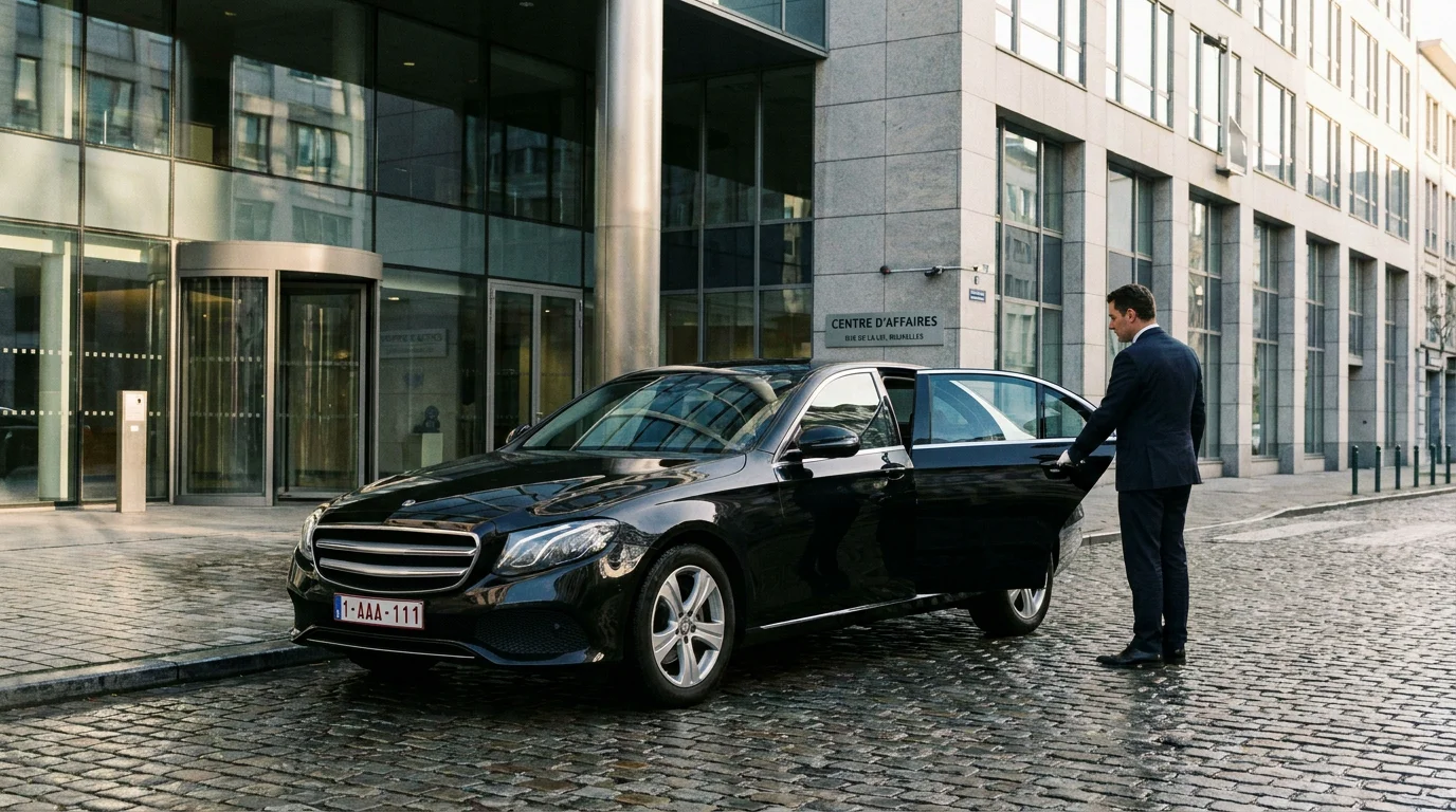 Chauffeur professionnel ouvrant la portière d'une berline noire premium pour un trajet vers Bruxelles