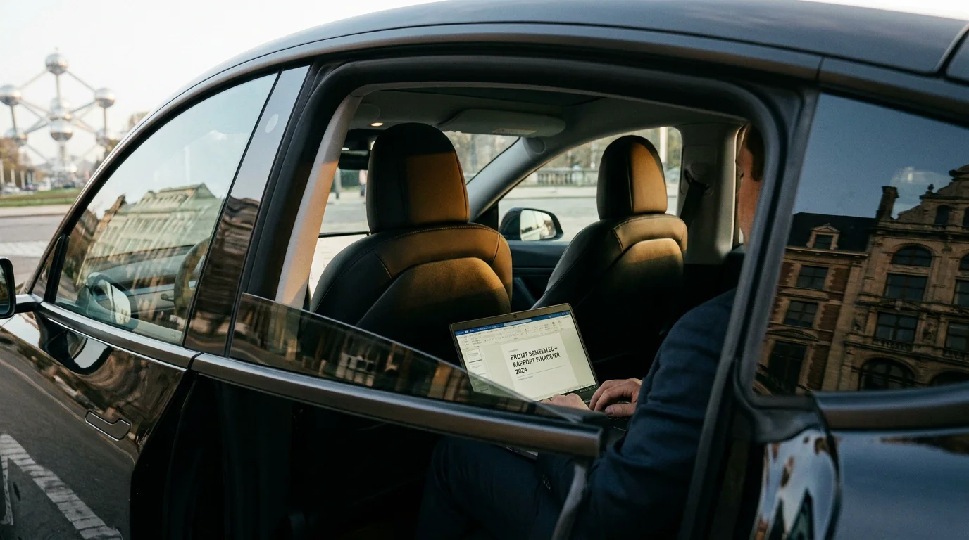 Intérieur premium d'un SUV noir avec passager professionnel travaillant pendant un trajet vers Bruxelles