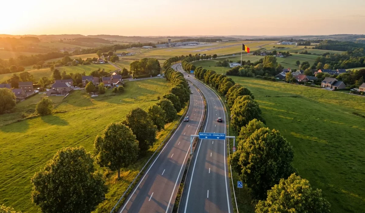 Route du Brabant wallon menant vers Brussels Airport au coucher du soleil