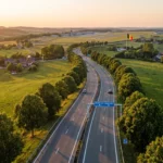 Route du Brabant wallon menant vers Brussels Airport au coucher du soleil