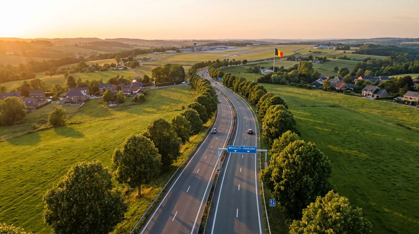 Route du Brabant wallon menant vers Brussels Airport au coucher du soleil