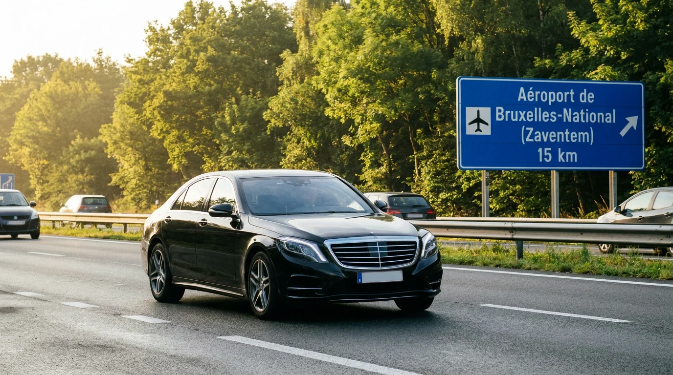 Berline premium sur une autoroute belge en direction de Charleroi Airport