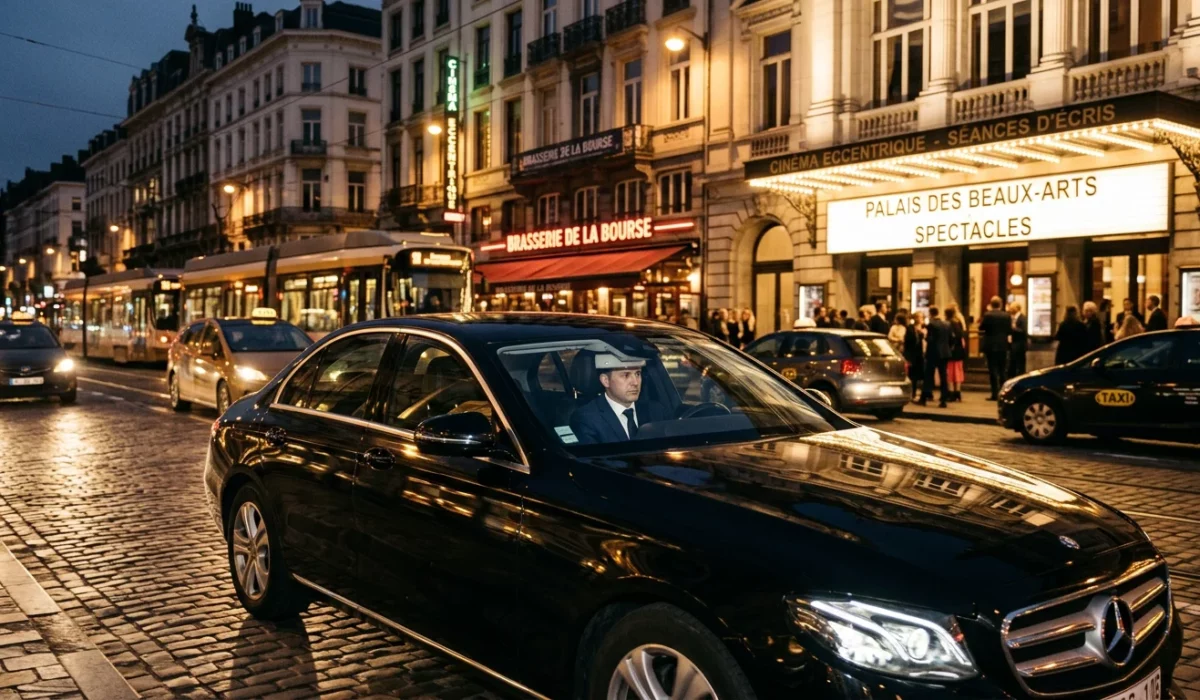 Mercedes Classe E noire avec chauffeur en approche d'une salle de concert bruxelloise en soirée