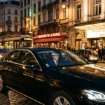 Mercedes Classe E noire avec chauffeur en approche d'une salle de concert bruxelloise en soirée