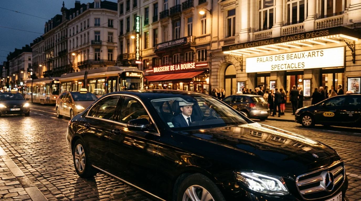Mercedes Classe E noire avec chauffeur en approche d'une salle de concert bruxelloise en soirée