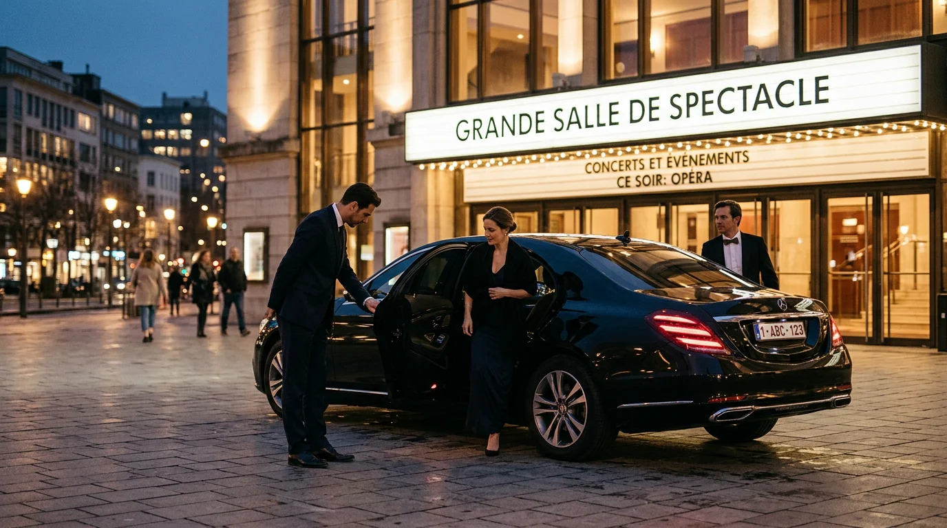 Chauffeur professionnel ouvrant la portière d'une Mercedes Classe E noire devant une salle de concert en soirée