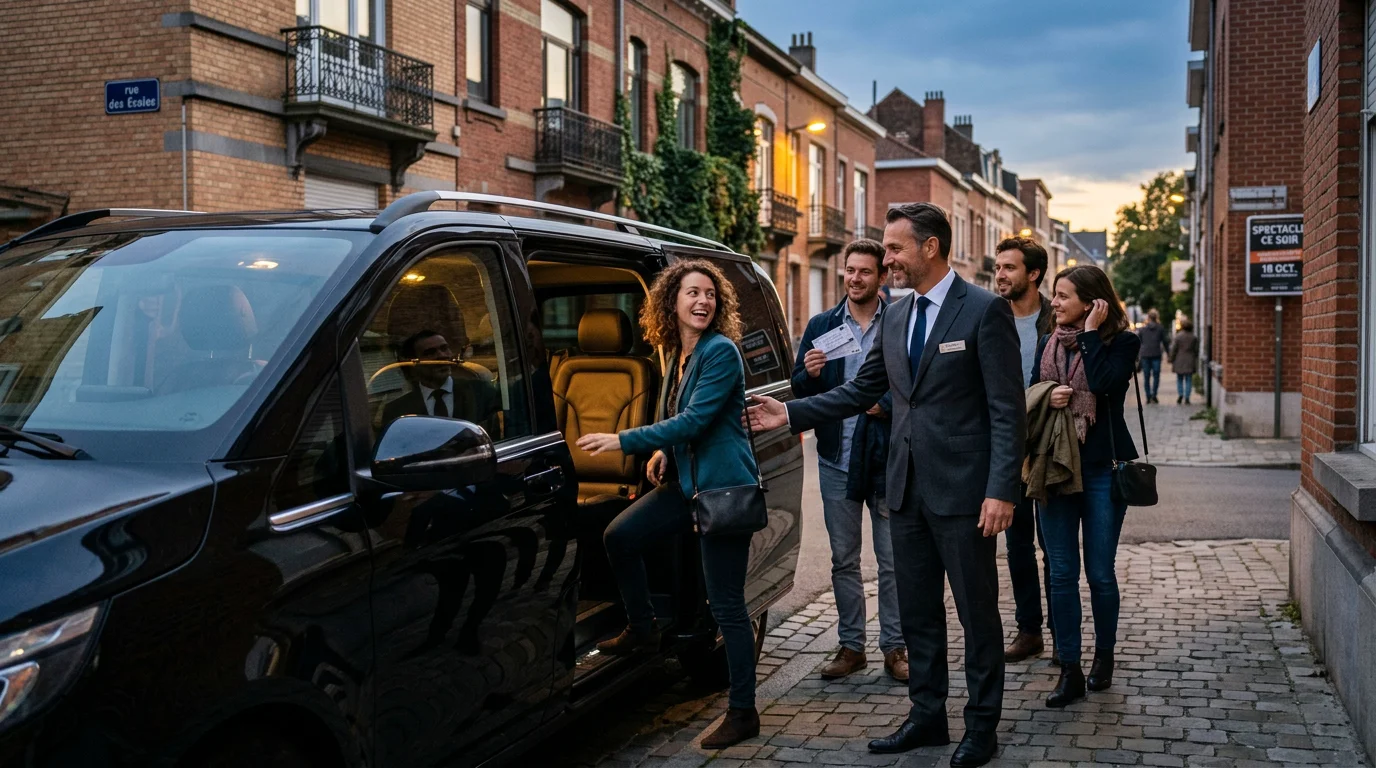 Groupe d'amis montant dans un van Mercedes Classe V noir avec chauffeur pour une soirée spectacle