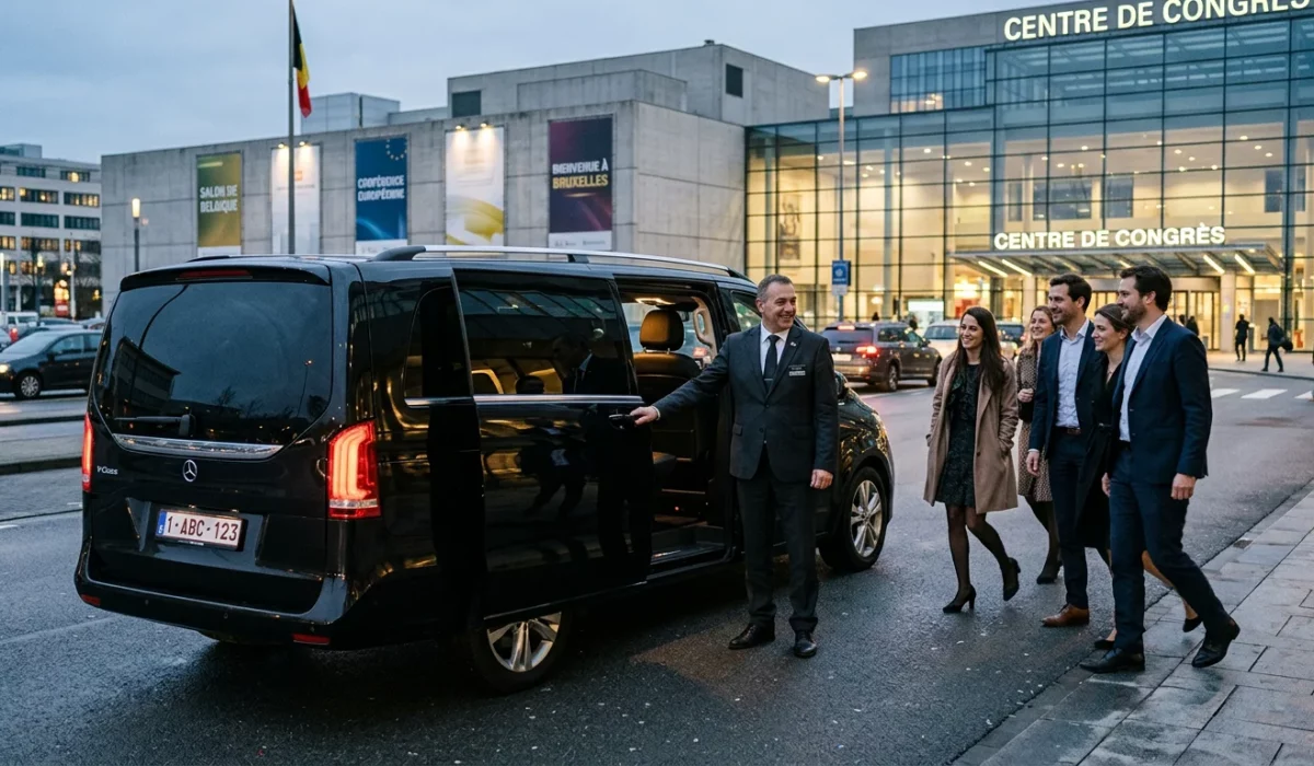 Chauffeur professionnel devant un Mercedes Classe V noir prêt à accueillir des passagers devant un complexe d'exposition