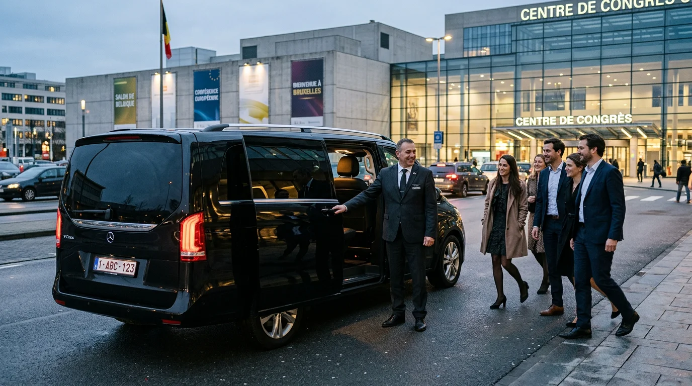 Chauffeur professionnel devant un Mercedes Classe V noir prêt à accueillir des passagers devant un complexe d'exposition