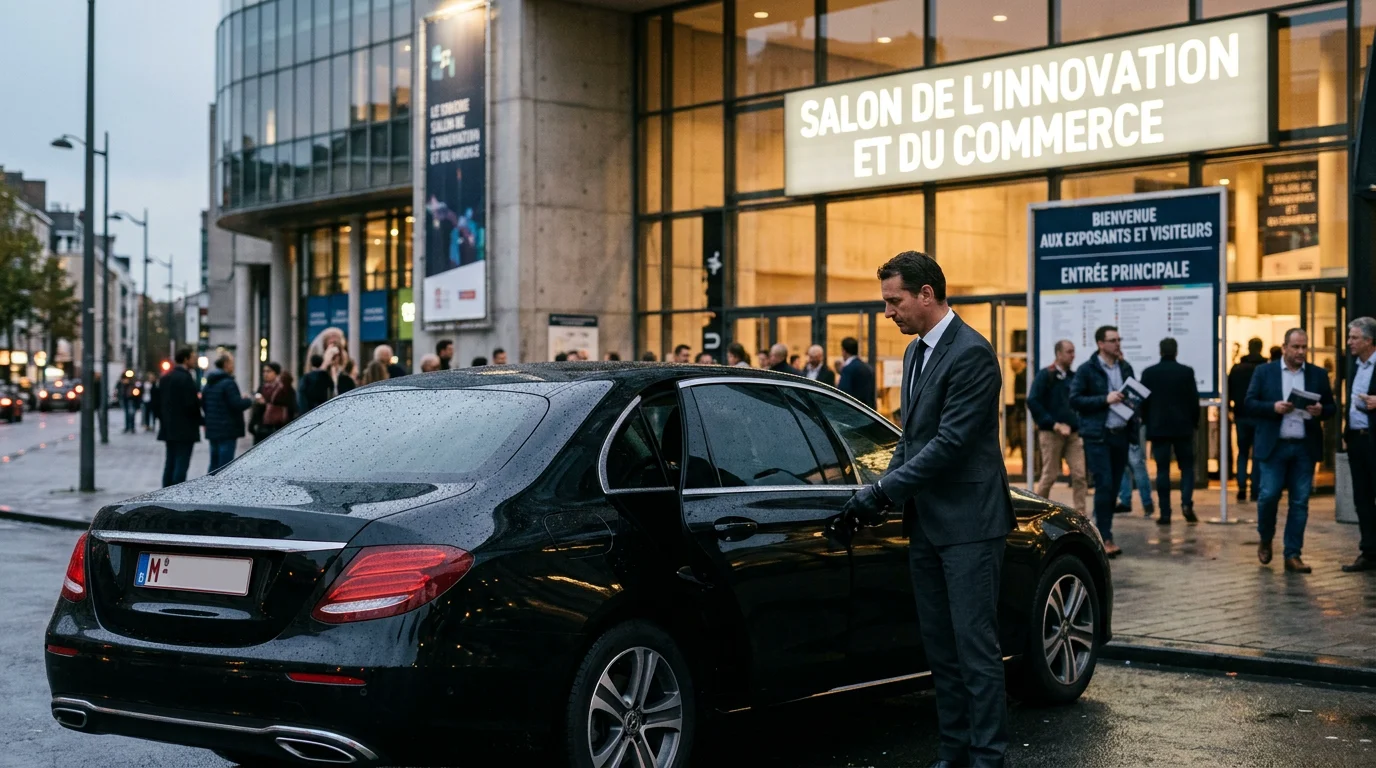 Chauffeur professionnel ouvrant la portière d'une Mercedes Classe E noire devant un hall d'exposition