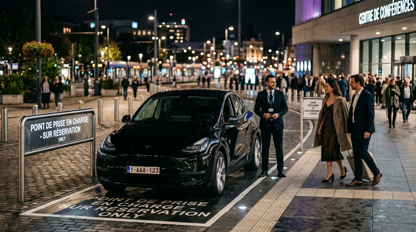 Tesla Model Y noire avec chauffeur attendant à un point de rendez-vous le soir près d'une salle d'événement