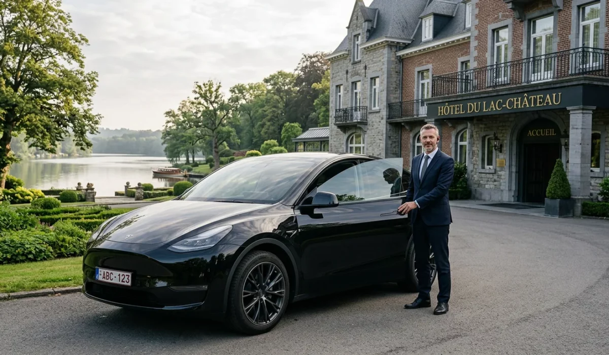 Tesla Model Y noire avec chauffeur devant un château hôtel au bord d'un lac