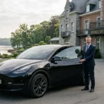 Tesla Model Y noire avec chauffeur devant un château hôtel au bord d'un lac