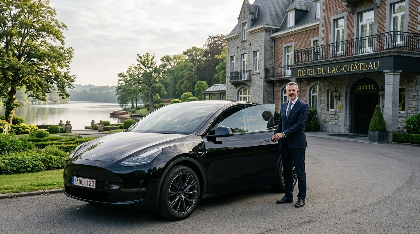 Tesla Model Y noire avec chauffeur devant un château hôtel au bord d'un lac