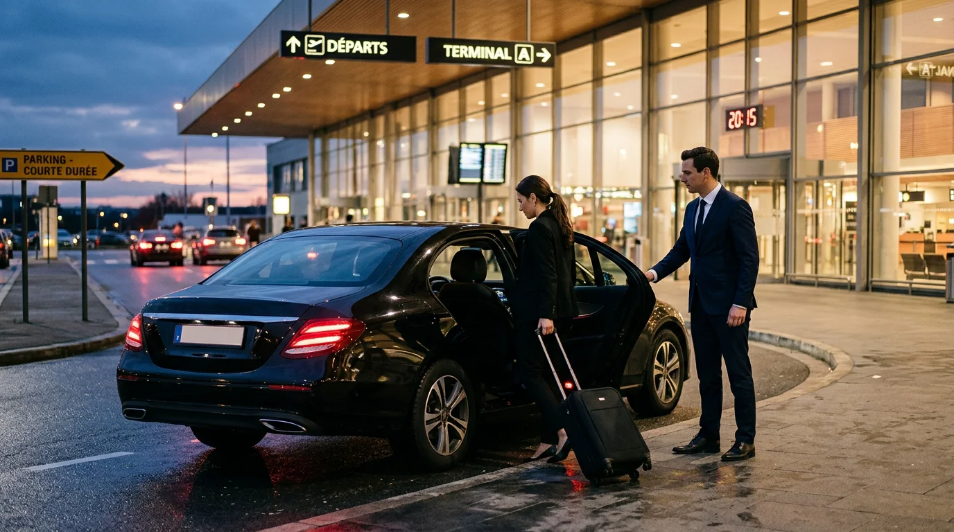 Chauffeur professionnel ouvrant la portière d'une Mercedes Classe E noire devant un aéroport