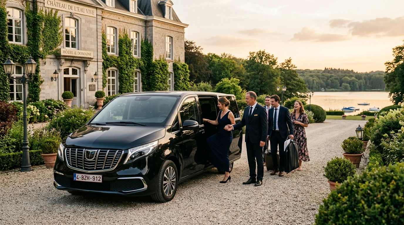 Minibus Mercedes Classe V noir avec chauffeur devant un château hôtel au bord d'un lac