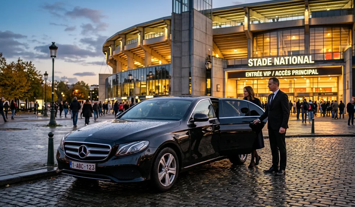 Berline noire avec chauffeur devant un grand stade illuminé au crépuscule