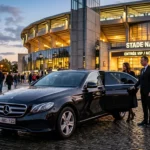 Berline noire avec chauffeur devant un grand stade illuminé au crépuscule