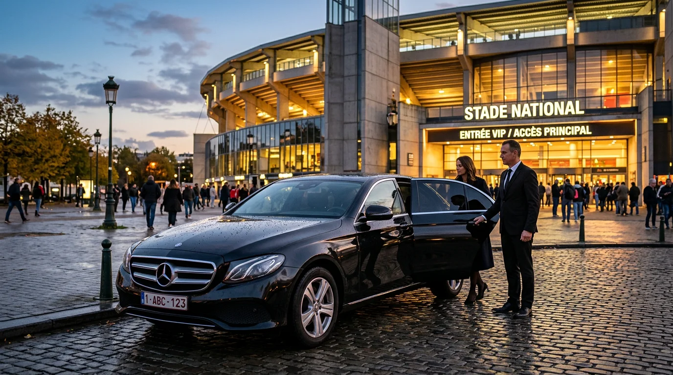 Berline noire avec chauffeur devant un grand stade illuminé au crépuscule